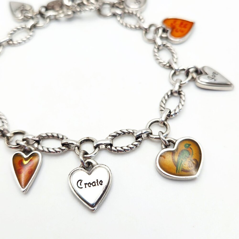 Brighton Piccadilly Vintage Floral Bird Heart Charms Chain Silver Tone Bracelet